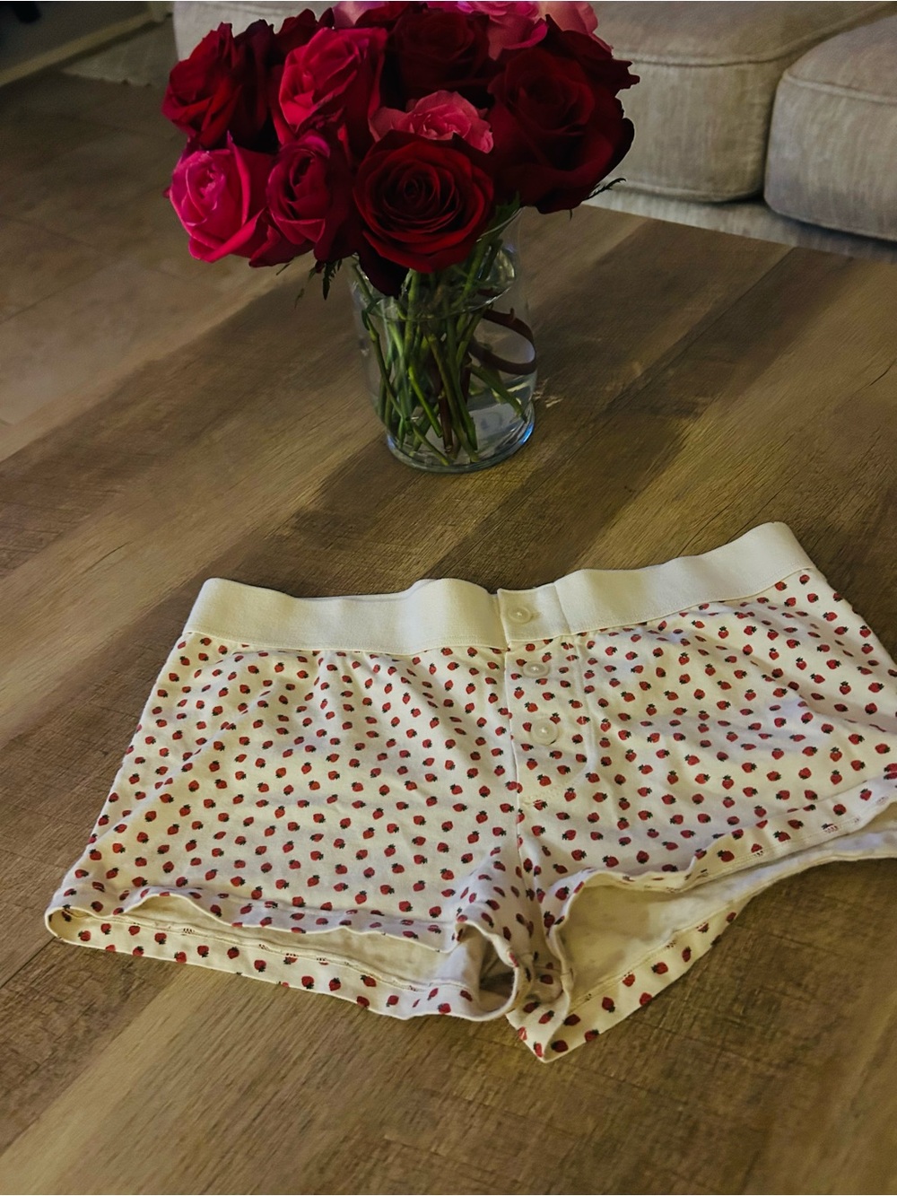 Brandy Melville Women’s cream boxers with Red strawberries